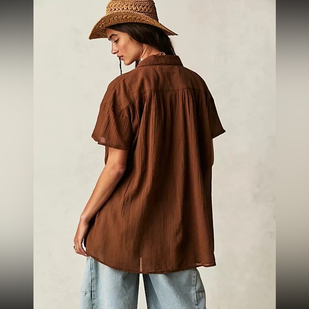 Free People Float Away Button Down Cotton Shirt Neutral Beachy Oversized Blouse - Picture 2 of 13